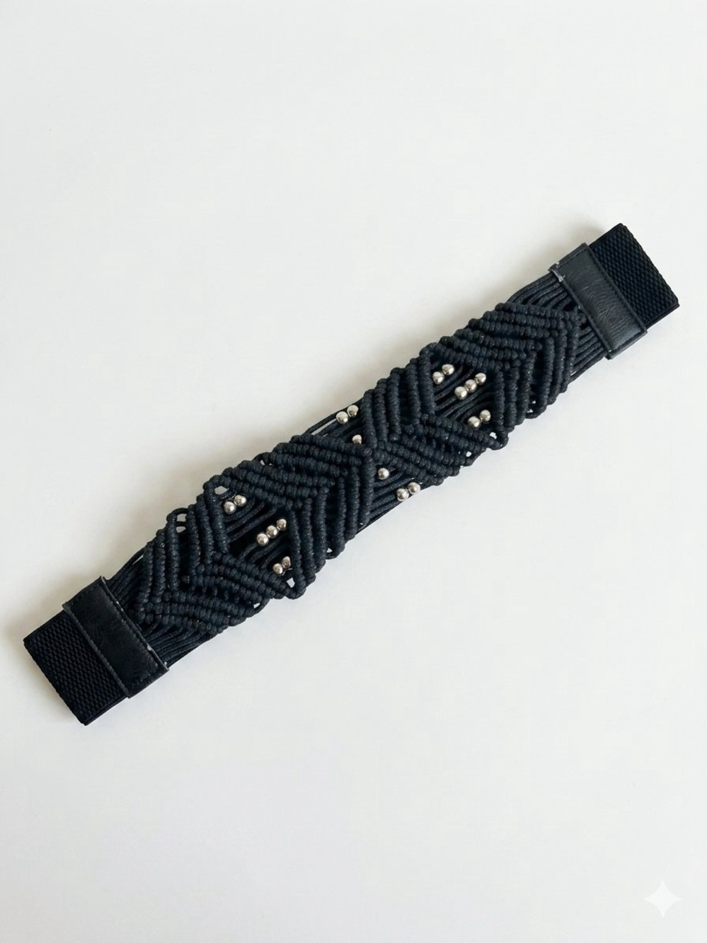 Vintage Boho Macrame Elastic Waist Belt Silver Beaded Y2K Festival Black Cinch